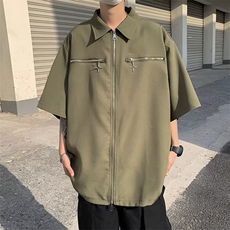 美式复古金属拉链短袖衬衫男女夏季宽松翻领男衬衣外套CS0023-P45，男装衬衫，星座308B-2
