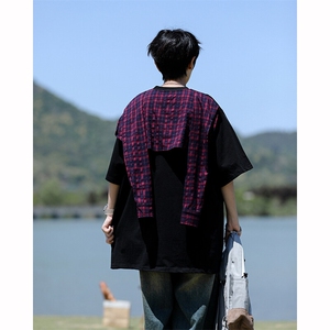 8XL-M 潮情侣美式拼接打结格子假两件短袖宽松纯棉T恤男 DX338图片