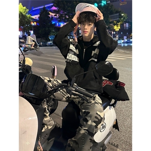 现货DA253-批60欧美式街头字母贴布麂皮连帽卫衣男女秋冬