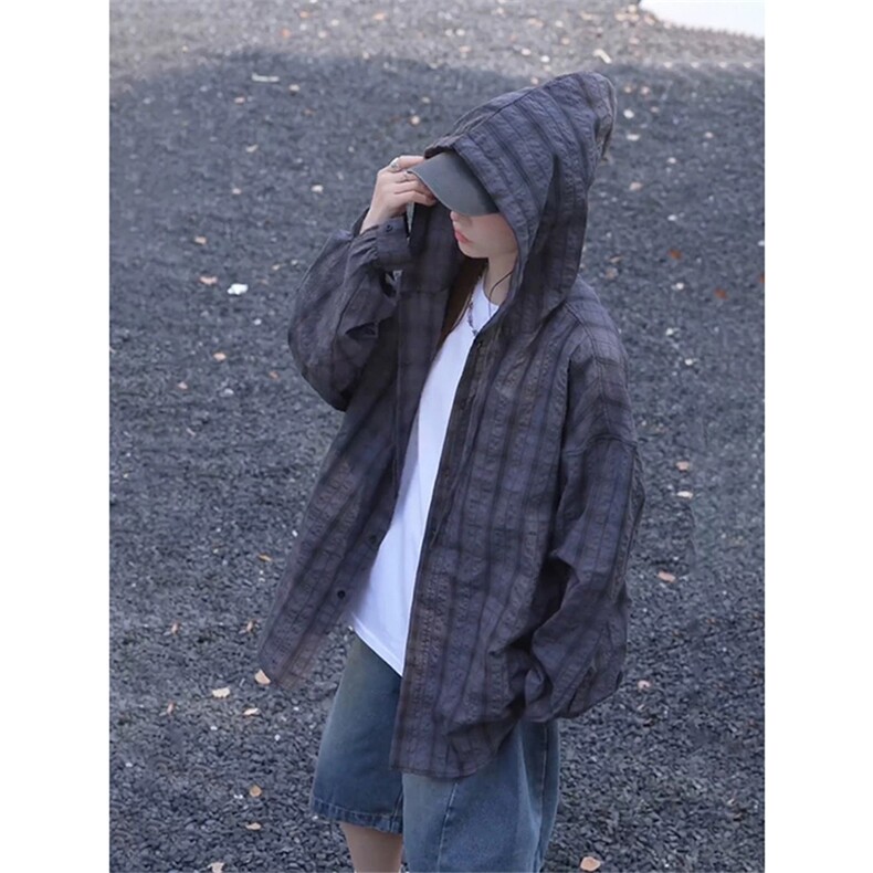 网图有货夏季格子连帽薄衬衣宽松情侣格纹衬衫上衣外套A636-P40，男装衬衫，星座1505