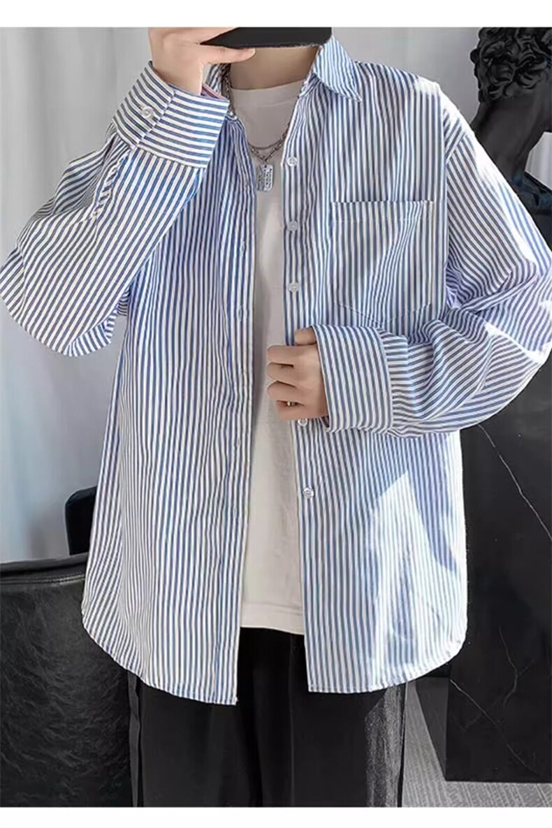 GS013P40纯色长袖条纹衬衫潮男百搭日系韩版宽松春秋衬衣外套,男装衬衫,星座1108-5