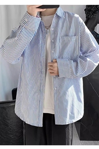 GS013P40纯色长袖条纹衬衫潮男百搭日系韩版宽松春秋衬衣外套图片