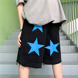 美式复古星星牛仔短裤男女夏季潮牌宽松百搭休闲五分裤JM3120-P45图片