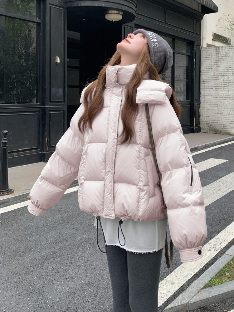 连帽泡芙短款羽绒服外套女冬季2025新款小个子巨好看白鸭绒面包服,女装羽绒服,网红馆
