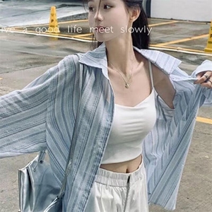 W10196-P38网图现货简约慵懒百搭潮流竖条纹防晒衬衫长袖ins