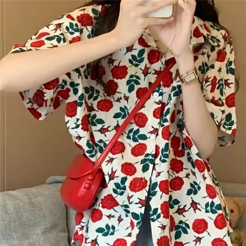 复古港风潮流宽松碎花短袖衬衫女夏季设计感小众宽松显瘦衬衣上衣,男装衬衫,星座1210-1