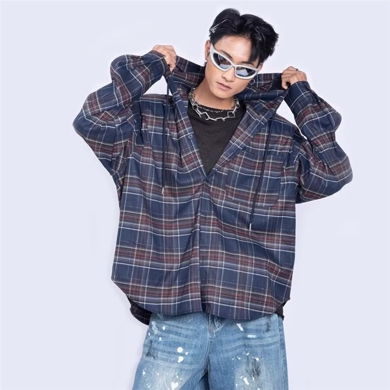 C260-P652025秋季新款复古慵懒宽松蓝色格纹连帽衬衫男休闲长袖，男装衬衫，电商B323A