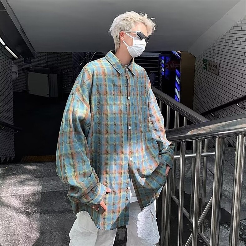 格子衬衫男女同款ins潮牌宽松痞帅长袖格纹衬衣帅气薄款防晒外套图片