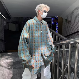 格子衬衫男女同款ins潮牌宽松痞帅长袖格纹衬衣帅气薄款防晒外套图片