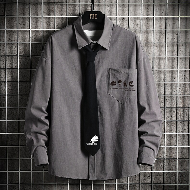 LC42109-P45加绒款P55痞帅领带长袖衬衫男士大码dk制服男jk网格,男装衬衫,电商A040A