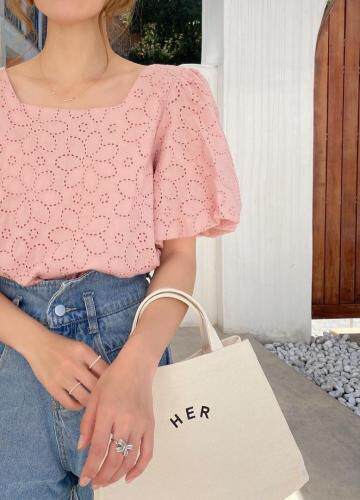 棉布刺绣泡袖上衣，女装，新袖