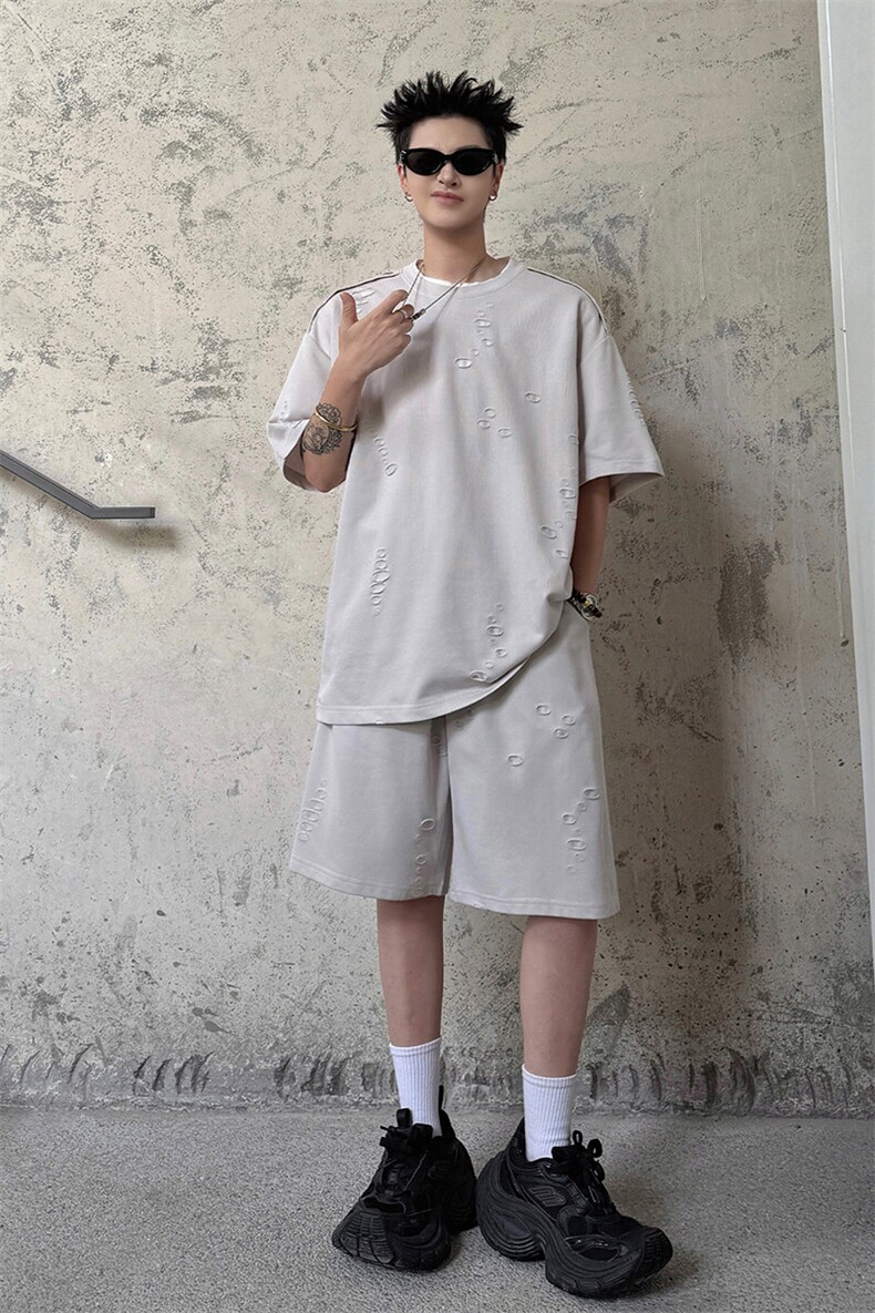 酷感蚀痕休闲套装韩版潮牌百搭纯色复古休闲破洞套装T16TP60控98,男装休闲套装,电商A102B