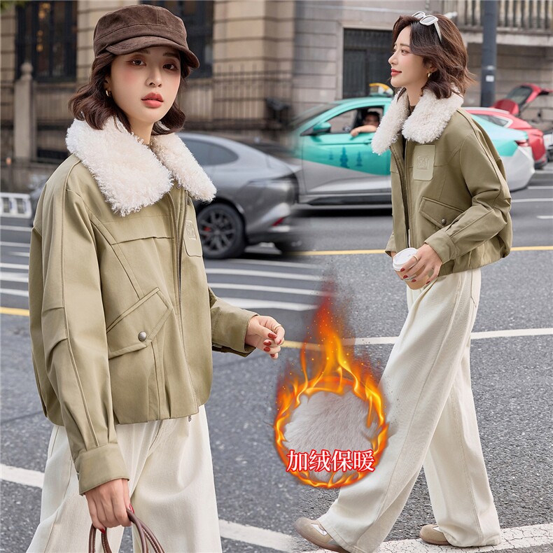 【大量现货】短款外套女2025秋冬新款小个子巨好看的加绒加厚羊羔毛翻领派克服，女装棉衣/棉服，依路服饰