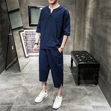W19P80室内风棉套装时尚刺绣百搭青年七分裤七分袖宽松风，男装休闲套装，电商A026