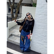 水洗贴布刺绣牛仔灯笼裤女春秋男松紧腰宽松哈伦老爹裤AM7071P57，男装休闲裤，星座1013-5