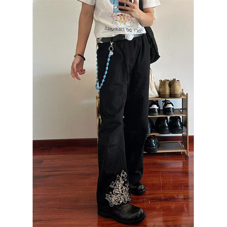 高街刺绣黑色牛仔裤春秋季高腰显瘦宽松直筒阔腿长裤N7702,男装牛仔裤,星座1116A（原606A-3）