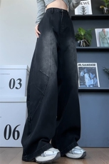 美式复古分割拼接牛仔裤潮流高街宽松阔腿长裤男NK8678-特价48，男装牛仔裤，电商A007