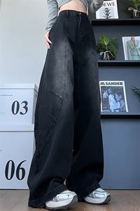 美式复古分割拼接牛仔裤潮流高街宽松阔腿长裤男NK8678-特价48图片