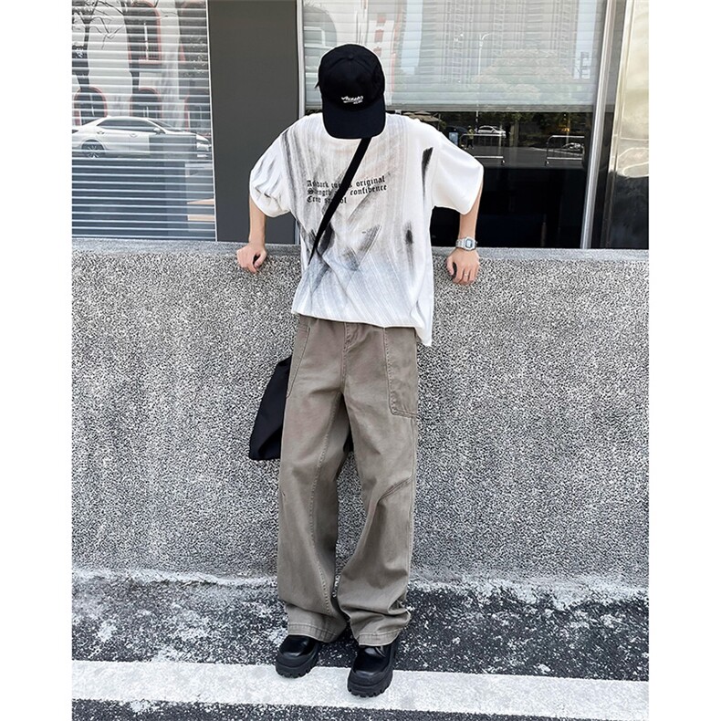 夏季美式复古水洗口袋工装裤男直筒宽松牛仔长裤阔腿裤81777-P50,男装工装外套,星座1008