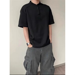 网图-T恤高街痞帅夏季POLO衫正肩拼接男装短袖大码上衣S430-特28,男高中生衬衫搭配什么裤子图片