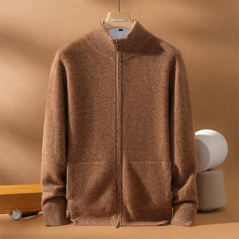 2025年秋季新款百搭男士双股花纱半高拉链开衫，男装羊绒套衫，九爵羊绒