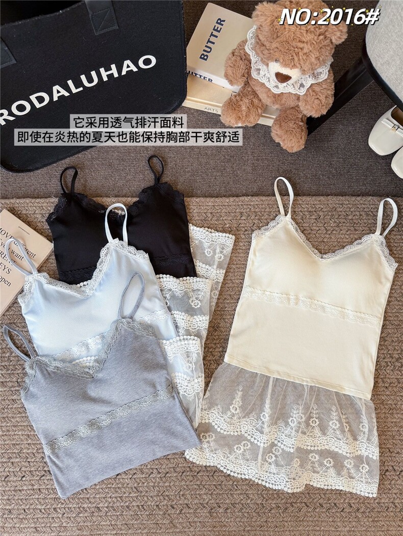 韩系叠穿吊带背心少女春夏内搭蝴蝶结纯欲蕾丝拼接美背外穿上衣,女装背心吊带,梦白服饰厂