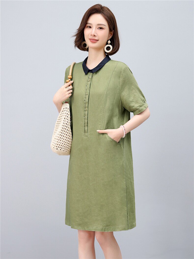 2025年夏季优雅气质天丝亚麻小翻领半开时尚休闲连衣裙,女装连衣裙,依恋蒂丝