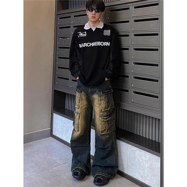 美式潮流简约阔腿直筒做旧牛仔裤男水洗宽松裤子NC652-P68,男装牛仔裤,星座208-5