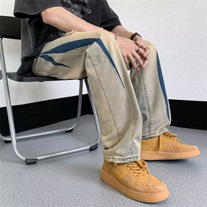1506/Q51560/P44高街黄泥染设计感撞色水洗破洞直筒微喇阔腿裤图片