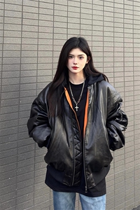 【有货】机车重磅工装PU皮加厚连帽夹克棉服外套 MY6022 特P120图片