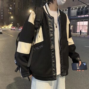 潮流夹克潮男春季毛呢皮袖外套J6502P65图片