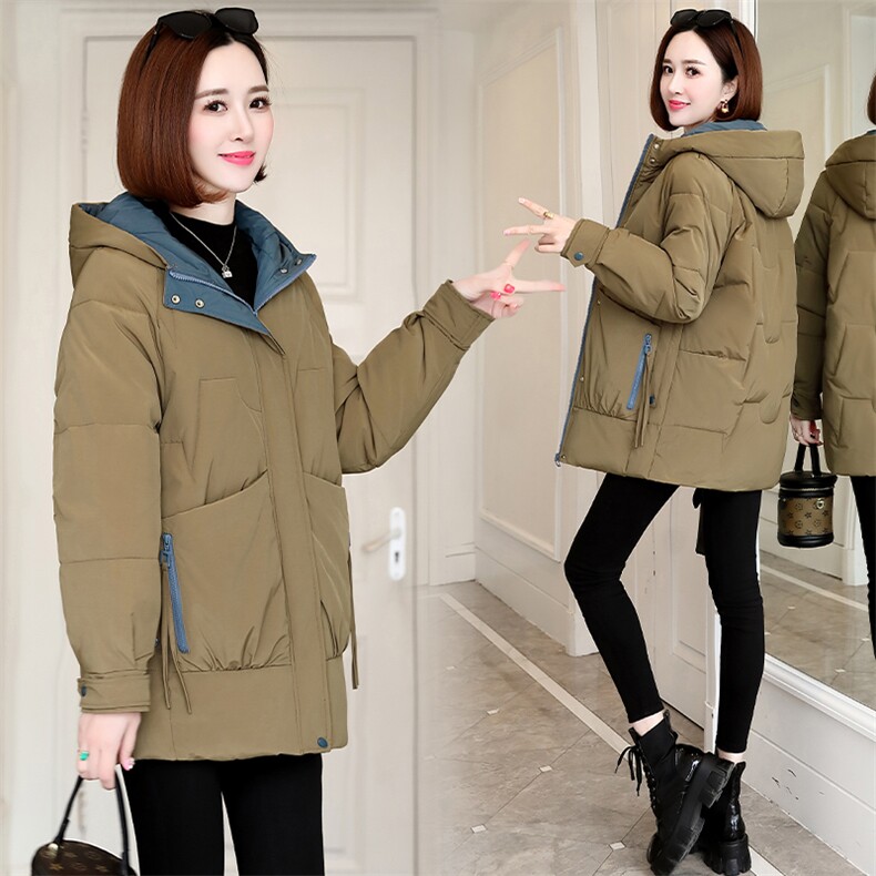 羽绒棉服2023年冬季新款女装时尚撞色休闲中长款加厚中长款棉衣图片