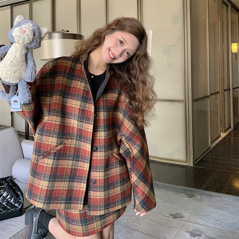 韩版复古格纹外套两件套装女2025年秋冬季新款显瘦上衣半身短裙子,女装套装/套裙,2C262
