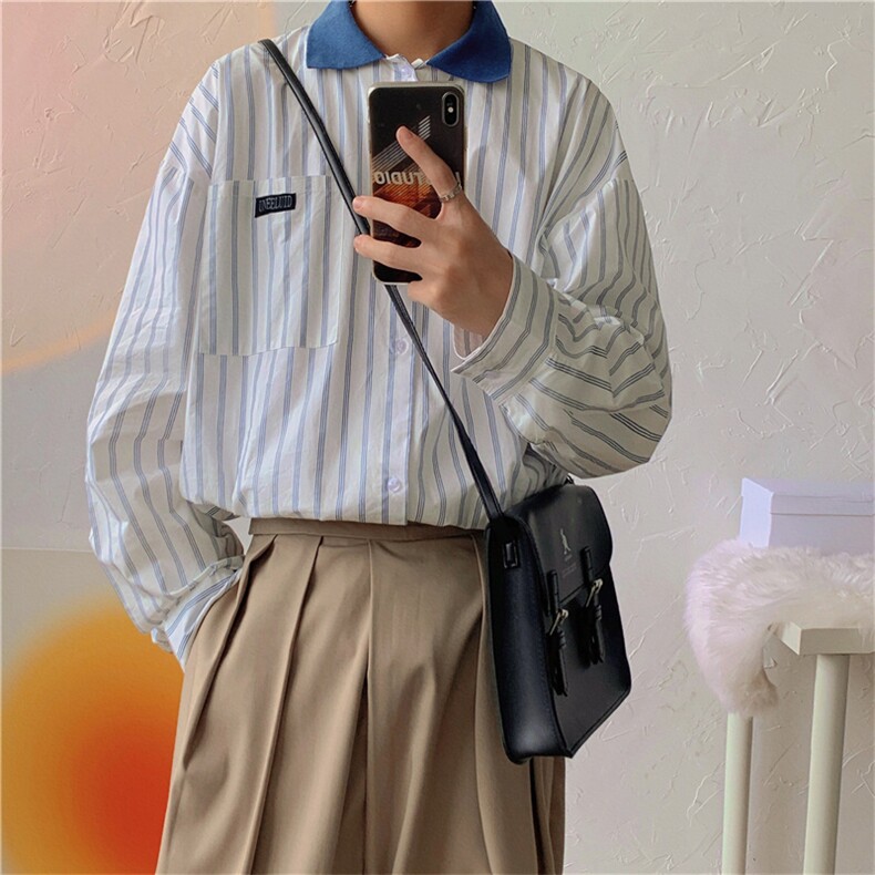 条纹衬衫设计感小众休闲百搭秋季新款ins潮流长袖衬衣 W1407-P33图片