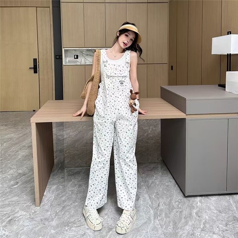 甜美新款碎花直筒白色背带牛仔裤女2025秋冬设计感休闲宽松阔腿裤,男装牛仔裤,星座506A