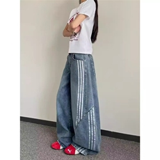 美式复古三条杠解构弯刀牛仔裤男女春秋拼接设计感镰刀阔腿长裤子，女装休闲裤，星座1210-1