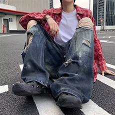 2025秋季新款复古百搭直筒阔腿裤破洞水洗休闲牛仔裤女RK3132-P48，男装牛仔裤，星座412-3