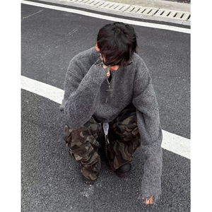 半拉链cleanfit破坏毛边针织衫宽松慵懒风设计师毛衣男MZ709-P62图片
