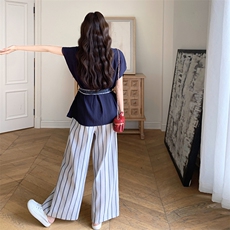 藏青色衬衫条纹阔腿裤套装女夏2025新款巨好看流行爆款两件套ootd，女装套装/套裙，2C258
