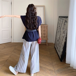 藏青色衬衫条纹阔腿裤套装女夏2025新款巨好看流行爆款两件套ootd图片