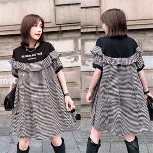 夏季新款黑格子连衣裙,女装连衣裙,恋钱