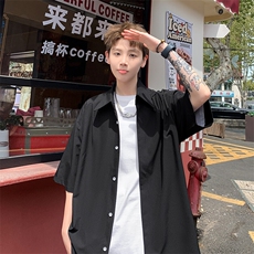 2026夏休闲褶皱冰丝凉感短袖五分袖半袖衬衫CS1800/特P30黑色3，男装T恤，电商A094
