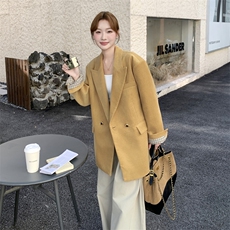 复古轻熟风黄色格纹拼接翻袖西装外套女2025秋季气质时髦淡人西服，女装西装，2C198
