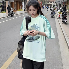 抖音得物品质二开240克宽松纯棉美式潮牌印花三条杠中性风短袖T恤，男装T恤，电商A486