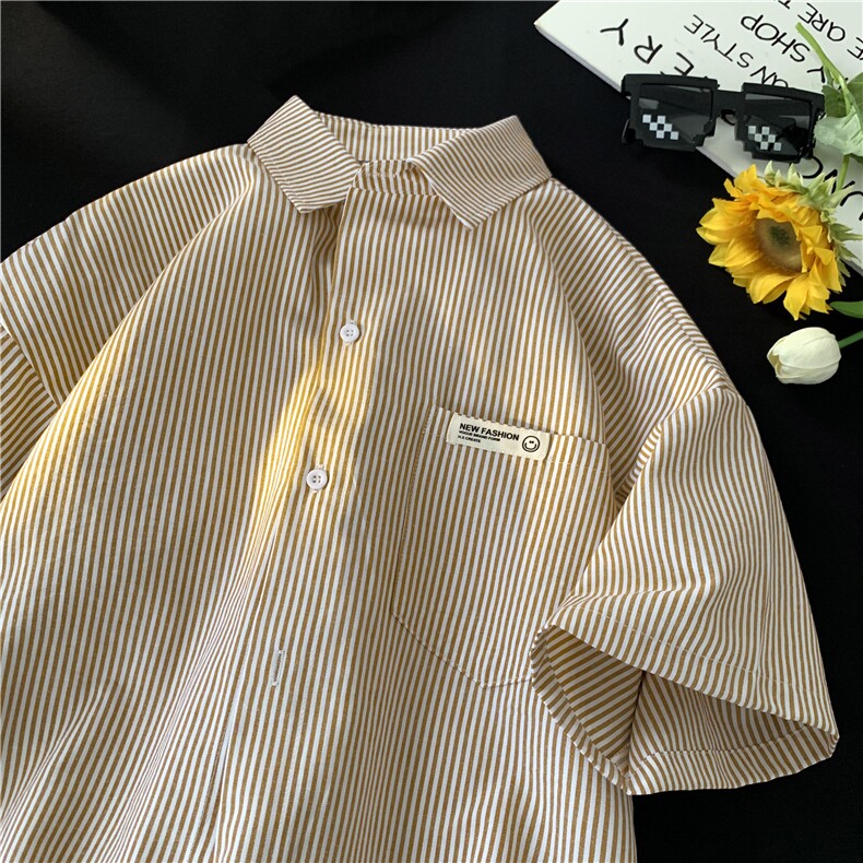 夏季男女日系条纹短袖衬衫宽松咖啡厅工装服上衣XZ222-7-CS05-P40,男装T恤,星座222-7