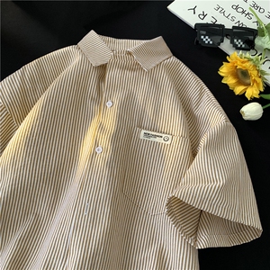 夏季男女日系条纹短袖衬衫宽松咖啡厅工装服上衣XZ222-7-CS05-P40图片