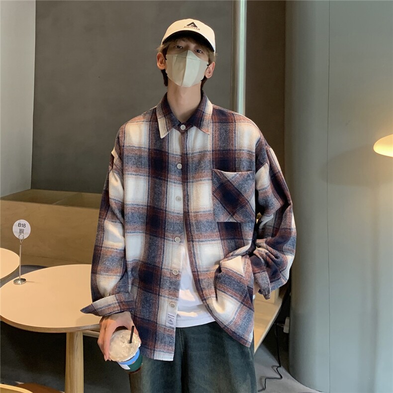 抖音格子衬衫男士外套长袖衬衣宽松港风DX505P5578,男装衬衫,电商B413-1