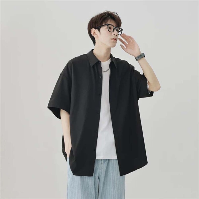 商品卡冰丝短袖衬衫夏季透气凉爽纯色白衬衫男百搭特P20,男装T恤,电商C306-1