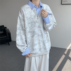 新款假两件条纹拉链衬衫领休闲春款卫衣高街休闲学院卫衣特P50，男装卫衣，电商B319