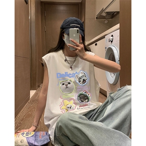 美式无袖T恤男夏季薄款慵懒风小猫咪印花背心青少年运动大码坎肩图片